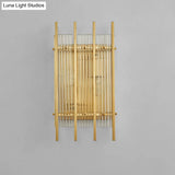Gold Wall Mounted Light Fixture With Clear Crystal Rods - Modern Cylindrical/Rectangle Design Ideal