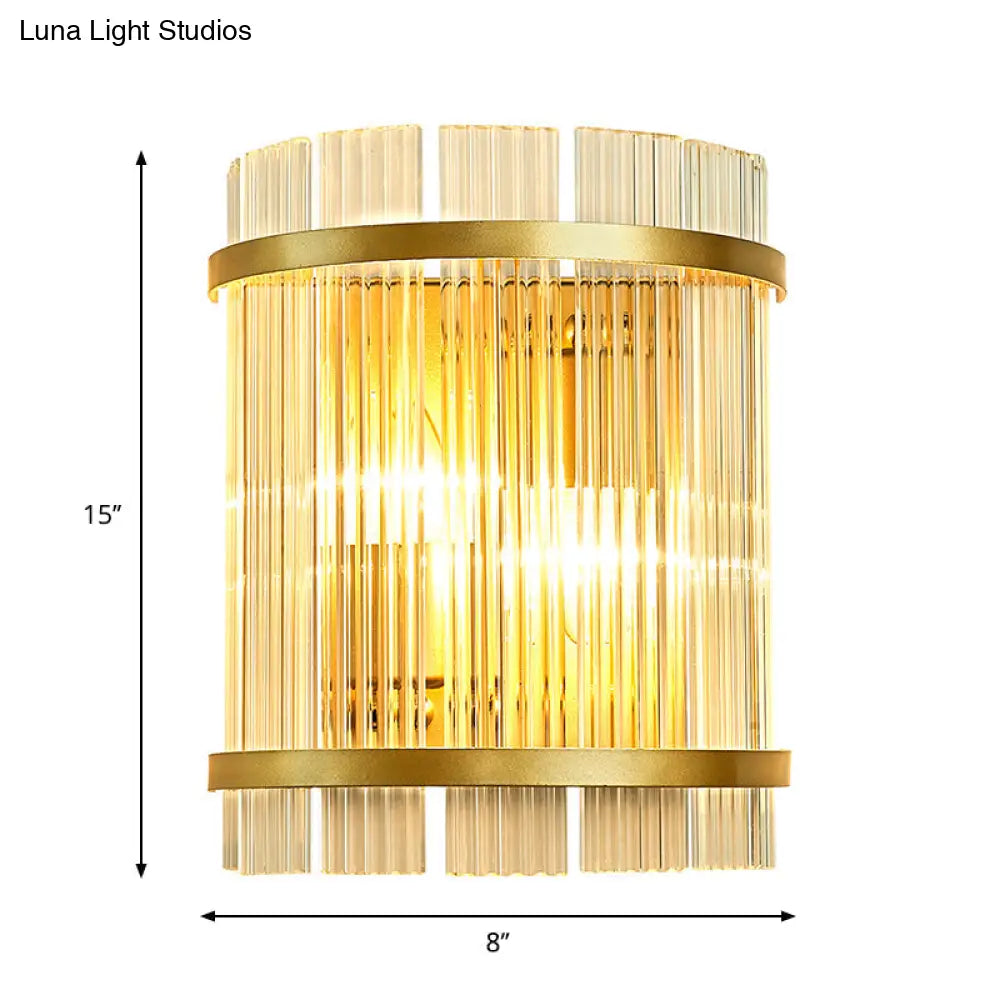 Gold Wall Mounted Light Fixture With Clear Crystal Rods - Modern Cylindrical/Rectangle Design Ideal