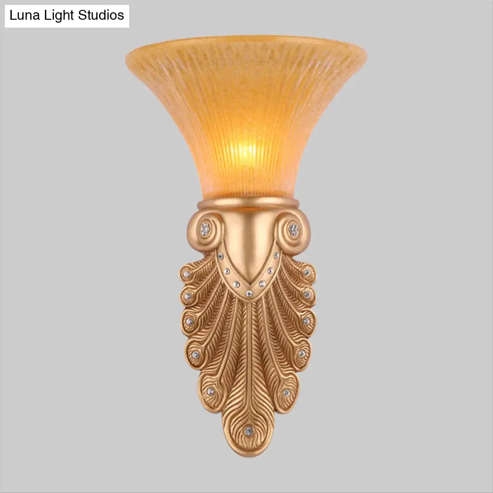 Gold Wall Sconce Lighting With Inverted Bell Opal Fluted Glass And Peacock Feather Design 10/13 Wide