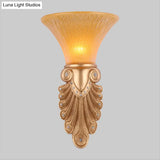 Gold Wall Sconce Lighting With Inverted Bell Opal Fluted Glass And Peacock Feather Design 10/13 Wide