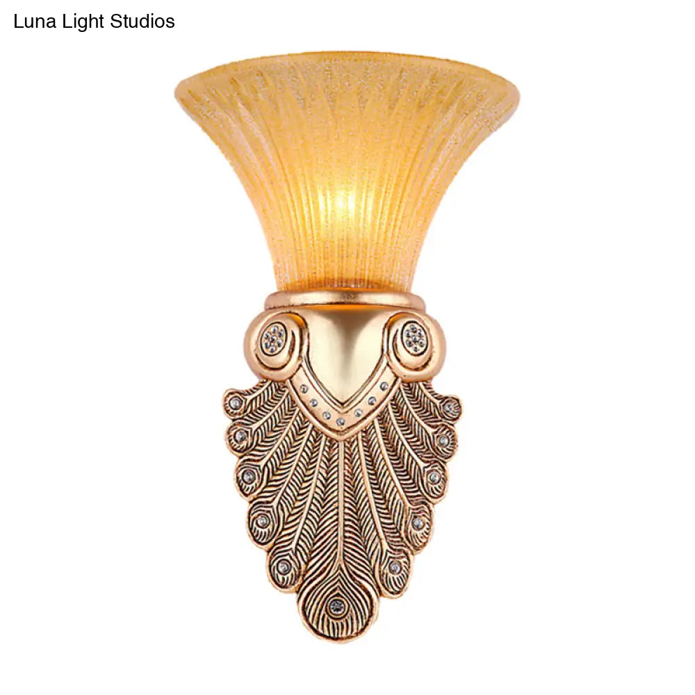 Gold Wall Sconce Lighting With Inverted Bell Opal Fluted Glass And Peacock Feather Design 10/13 Wide