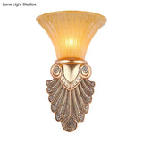 Gold Wall Sconce Lighting With Inverted Bell Opal Fluted Glass And Peacock Feather Design 10/13 Wide