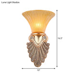 Gold Wall Sconce Lighting With Inverted Bell Opal Fluted Glass And Peacock Feather Design 10/13 Wide