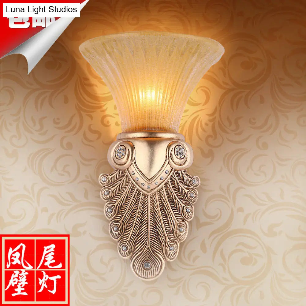 Gold Wall Sconce Lighting With Inverted Bell Opal Fluted Glass And Peacock Feather Design 10/13 Wide