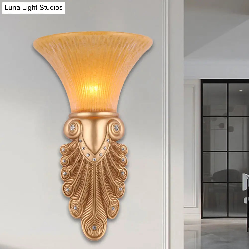 Gold Wall Sconce Lighting With Inverted Bell Opal Fluted Glass And Peacock Feather Design 10/13 Wide
