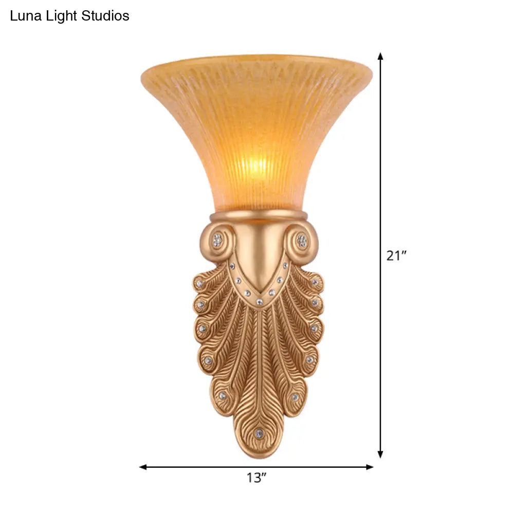 Gold Wall Sconce Lighting With Inverted Bell Opal Fluted Glass And Peacock Feather Design 10/13 Wide