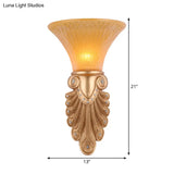 Gold Wall Sconce Lighting With Inverted Bell Opal Fluted Glass And Peacock Feather Design 10/13 Wide