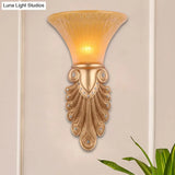 Gold Wall Sconce Lighting With Inverted Bell Opal Fluted Glass And Peacock Feather Design 10/13 Wide