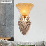 Gold Wall Sconce Lighting With Inverted Bell Opal Fluted Glass And Peacock Feather Design 10/13 Wide