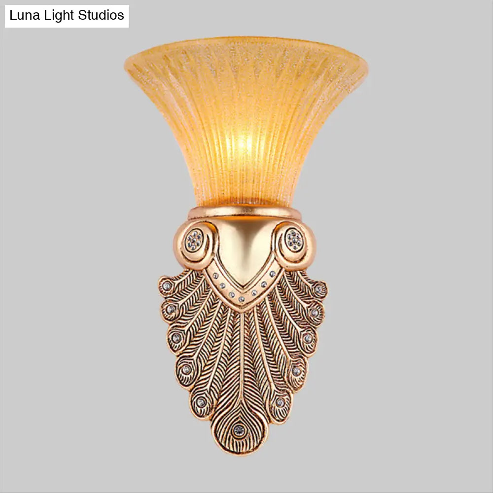 Gold Wall Sconce Lighting With Inverted Bell Opal Fluted Glass And Peacock Feather Design 10/13 Wide