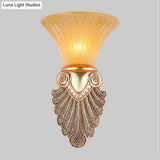 Gold Wall Sconce Lighting With Inverted Bell Opal Fluted Glass And Peacock Feather Design 10/13 Wide