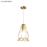Gold Wire Cage Pendant Light - Retro Industrial Iron Hanging Lamp With Shade For Coffee Shop