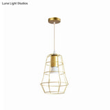 Gold Wire Cage Pendant Light - Retro Industrial Iron Hanging Lamp With Shade For Coffee Shop