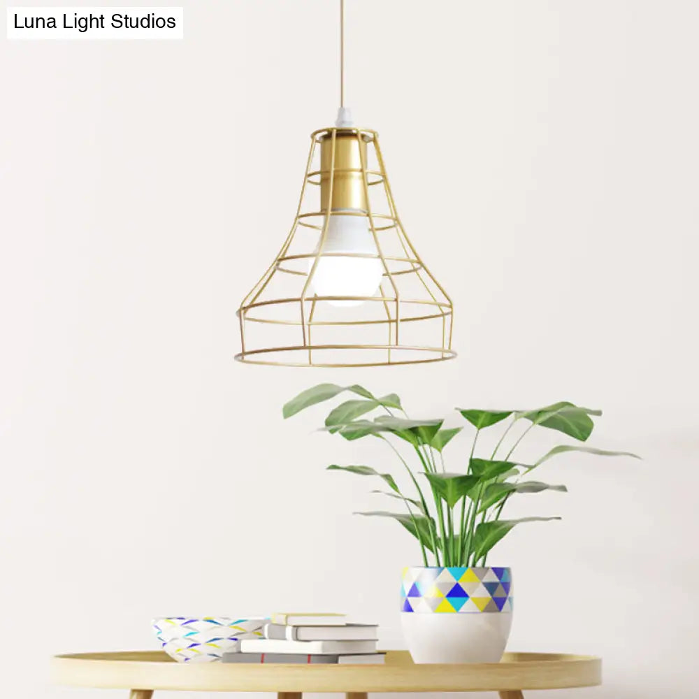 Gold Wire Cage Pendant Light - Retro Industrial Iron Hanging Lamp With Shade For Coffee Shop