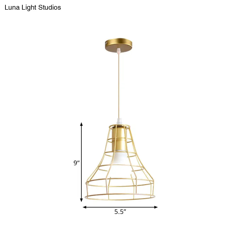Gold Wire Cage Pendant Light - Retro Industrial Iron Hanging Lamp With Shade For Coffee Shop