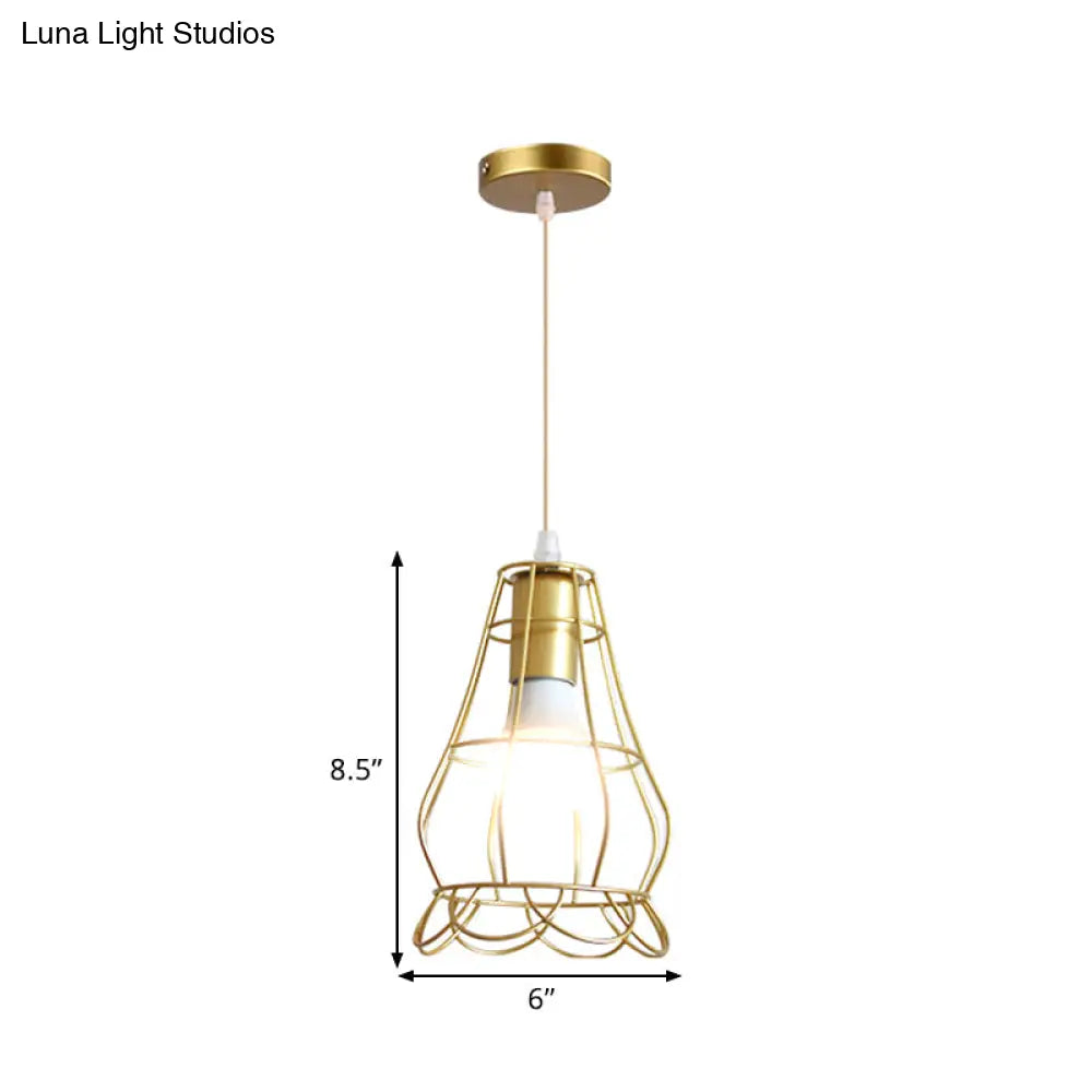 Gold Wire Cage Pendant Light - Retro Industrial Iron Hanging Lamp With Shade For Coffee Shop