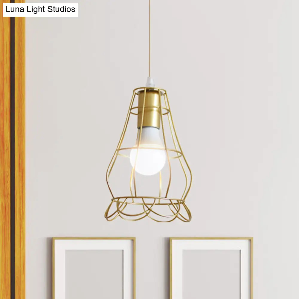 Gold Wire Cage Pendant Light - Retro Industrial Iron Hanging Lamp With Shade For Coffee Shop