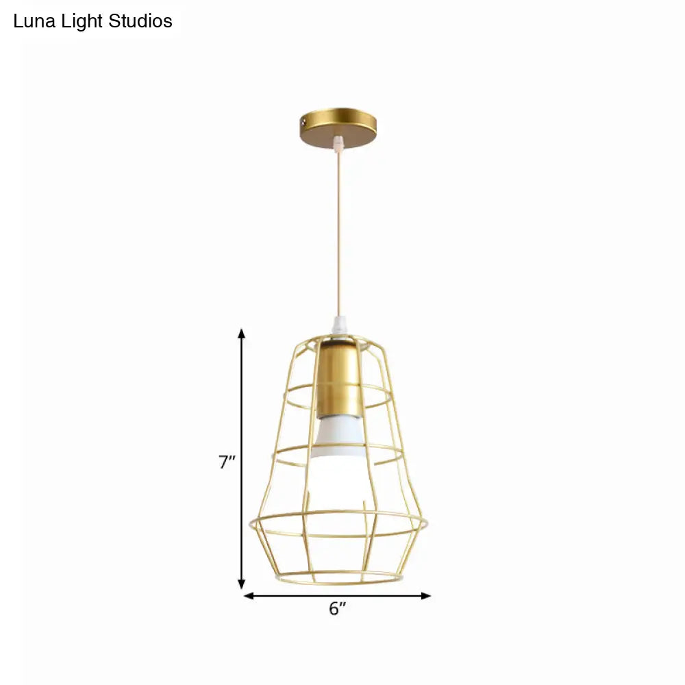Gold Wire Cage Pendant Light - Retro Industrial Iron Hanging Lamp With Shade For Coffee Shop
