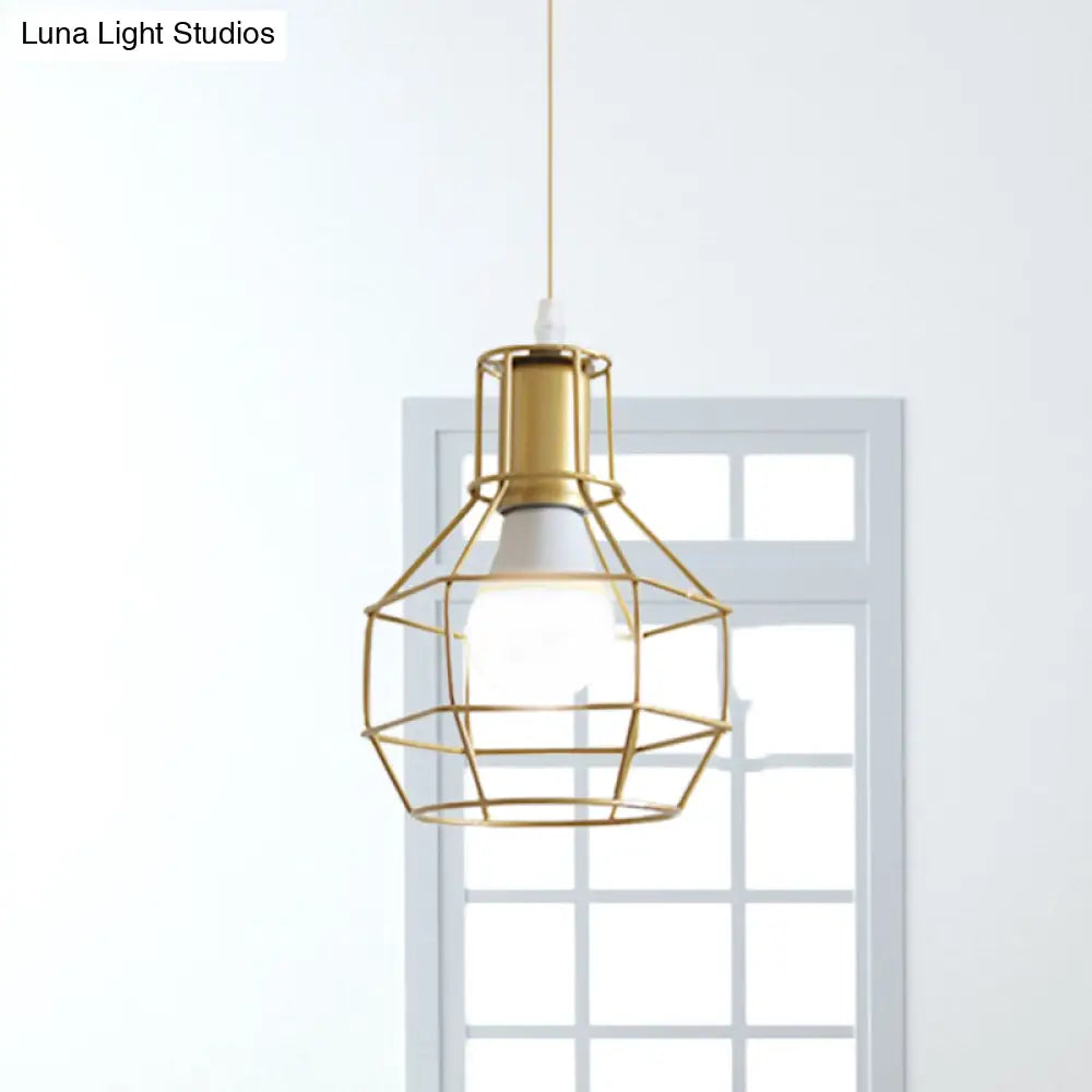 Gold Wire Cage Pendant Light - Retro Industrial Iron Hanging Lamp With Shade For Coffee Shop