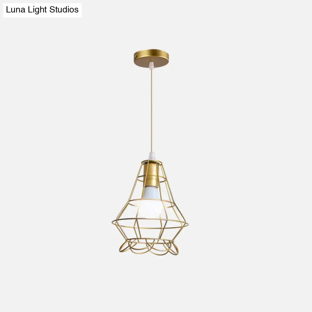 Gold Wire Cage Pendant Light - Retro Industrial Iron Hanging Lamp With Shade For Coffee Shop