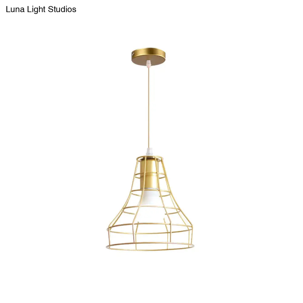 Gold Wire Cage Pendant Light - Retro Industrial Iron Hanging Lamp With Shade For Coffee Shop