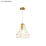 Gold Wire Cage Pendant Light - Retro Industrial Iron Hanging Lamp With Shade For Coffee Shop