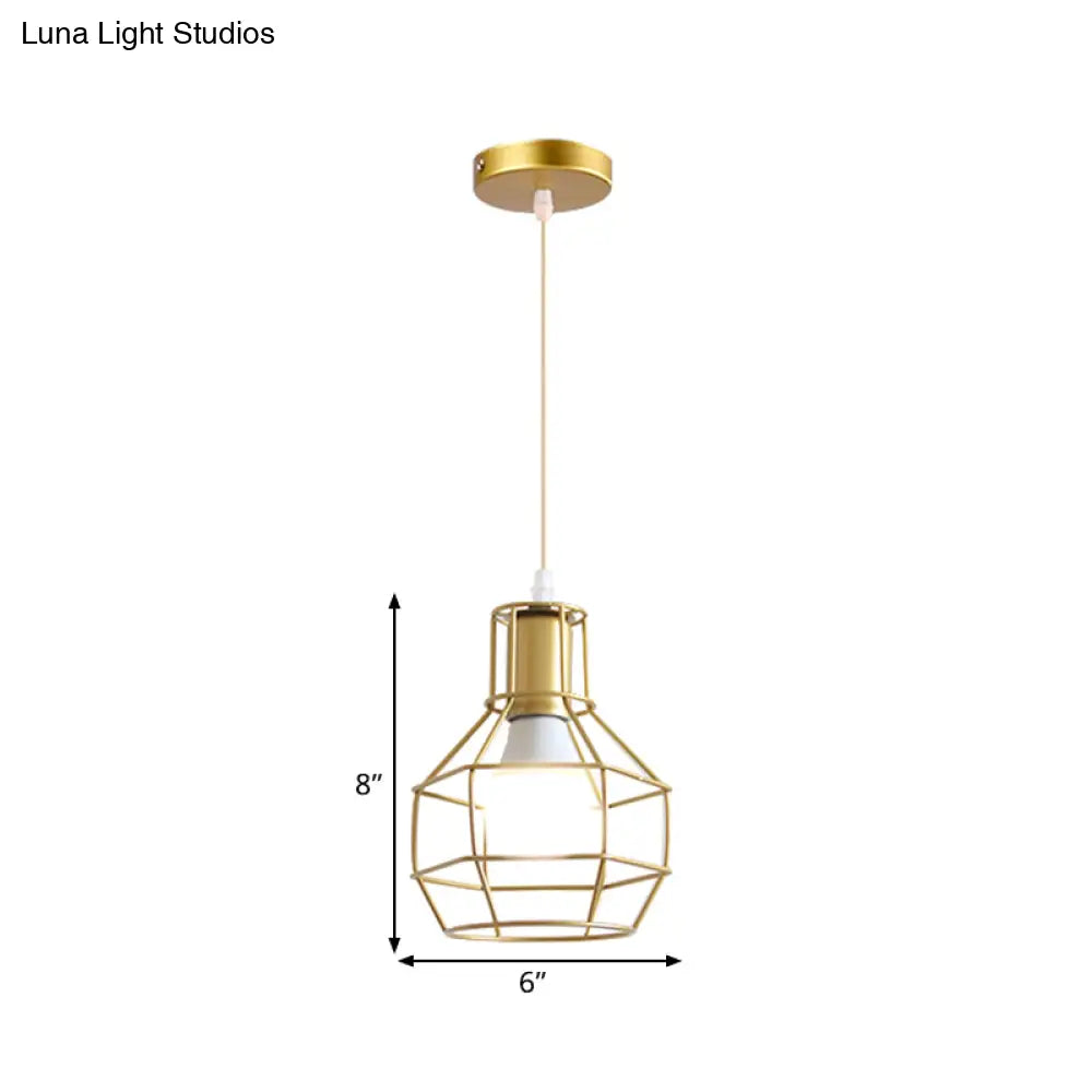 Gold Wire Cage Pendant Light - Retro Industrial Iron Hanging Lamp With Shade For Coffee Shop