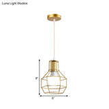 Gold Wire Cage Pendant Light - Retro Industrial Iron Hanging Lamp With Shade For Coffee Shop