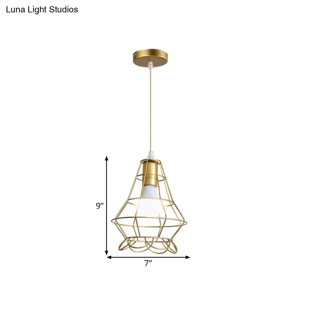 Gold Wire Cage Pendant Light - Retro Industrial Iron Hanging Lamp With Shade For Coffee Shop