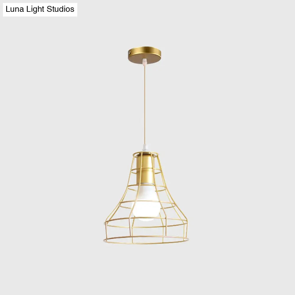 Gold Wire Cage Pendant Light - Retro Industrial Iron Hanging Lamp With Shade For Coffee Shop