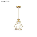 Gold Wire Cage Pendant Light - Retro Industrial Iron Hanging Lamp With Shade For Coffee Shop
