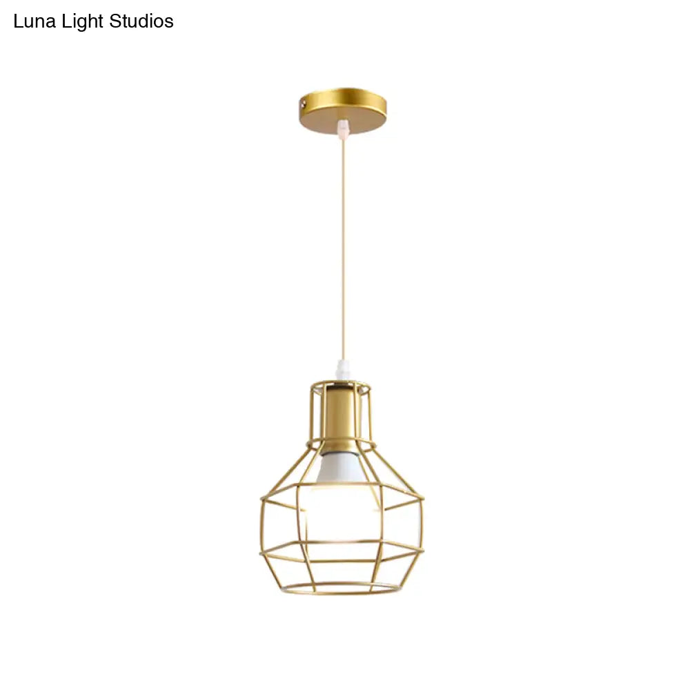 Gold Wire Cage Pendant Light - Retro Industrial Iron Hanging Lamp With Shade For Coffee Shop