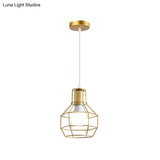 Gold Wire Cage Pendant Light - Retro Industrial Iron Hanging Lamp With Shade For Coffee Shop