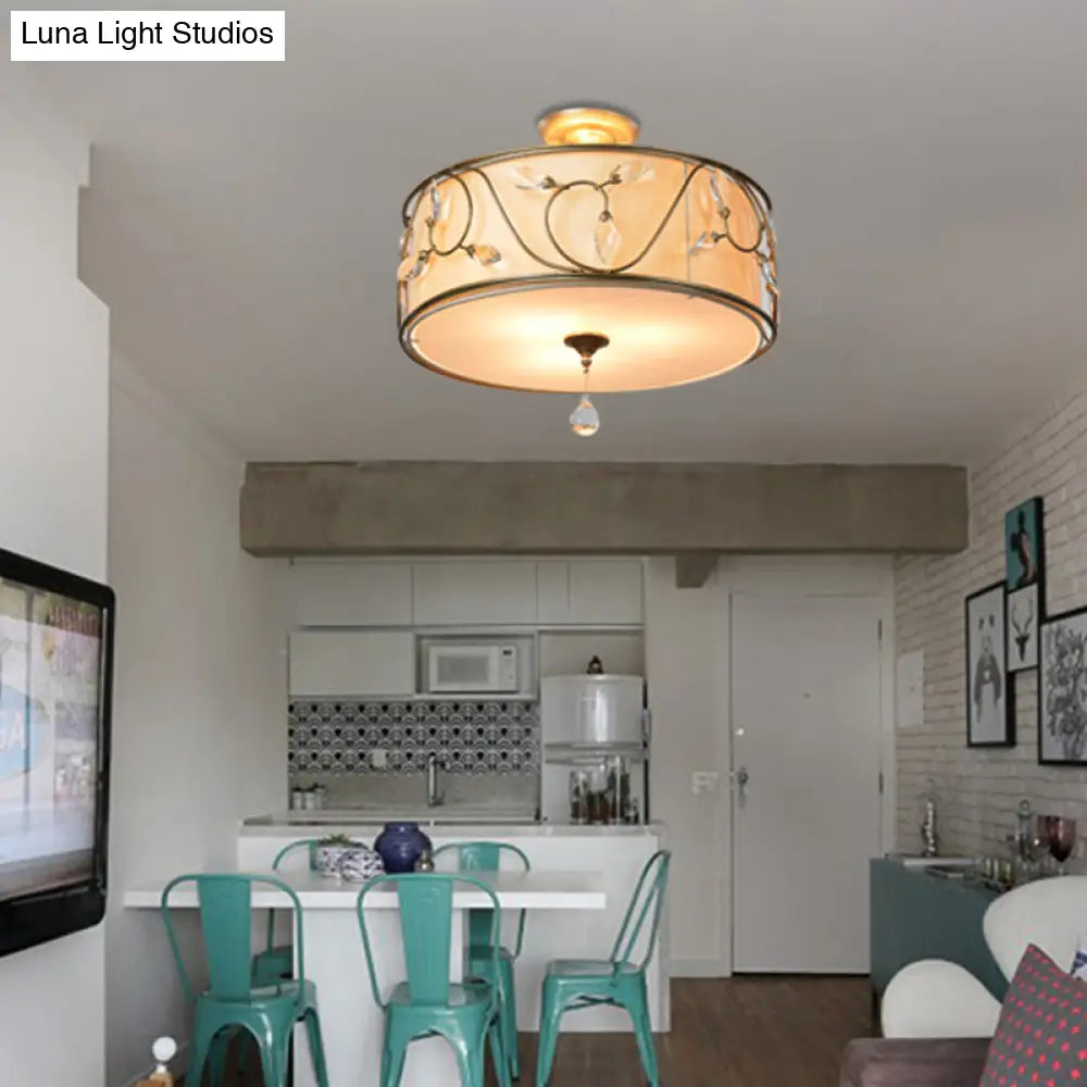 Golden 3-Light Semi Flush Lamp - Traditional Metal Ceiling Light With Crystal Element 14’/16’ Dia