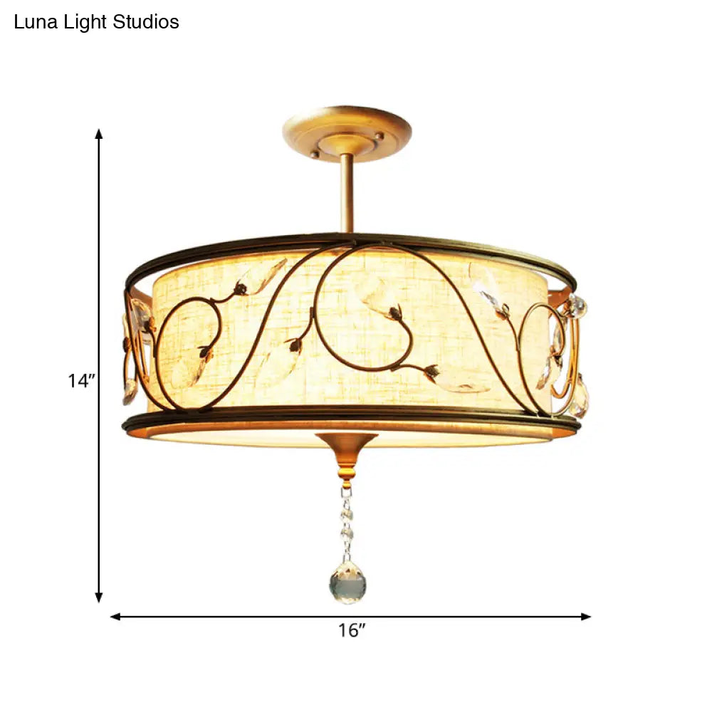 Golden 3-Light Semi Flush Lamp - Traditional Metal Ceiling Light With Crystal Element 14’/16’ Dia