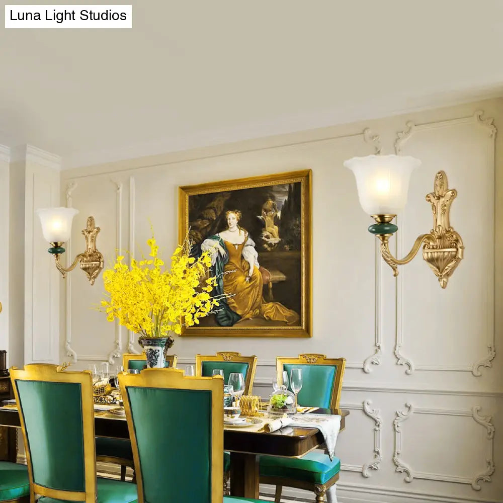 Golden Curved Arm Vintage-Style 1/2-Head Bell Wall Light Sconce With Opal Glass Perfect Bedside