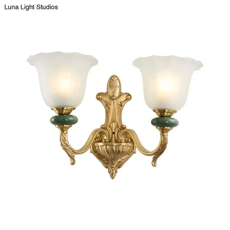 Golden Curved Arm Vintage-Style 1/2-Head Bell Wall Light Sconce With Opal Glass Perfect Bedside