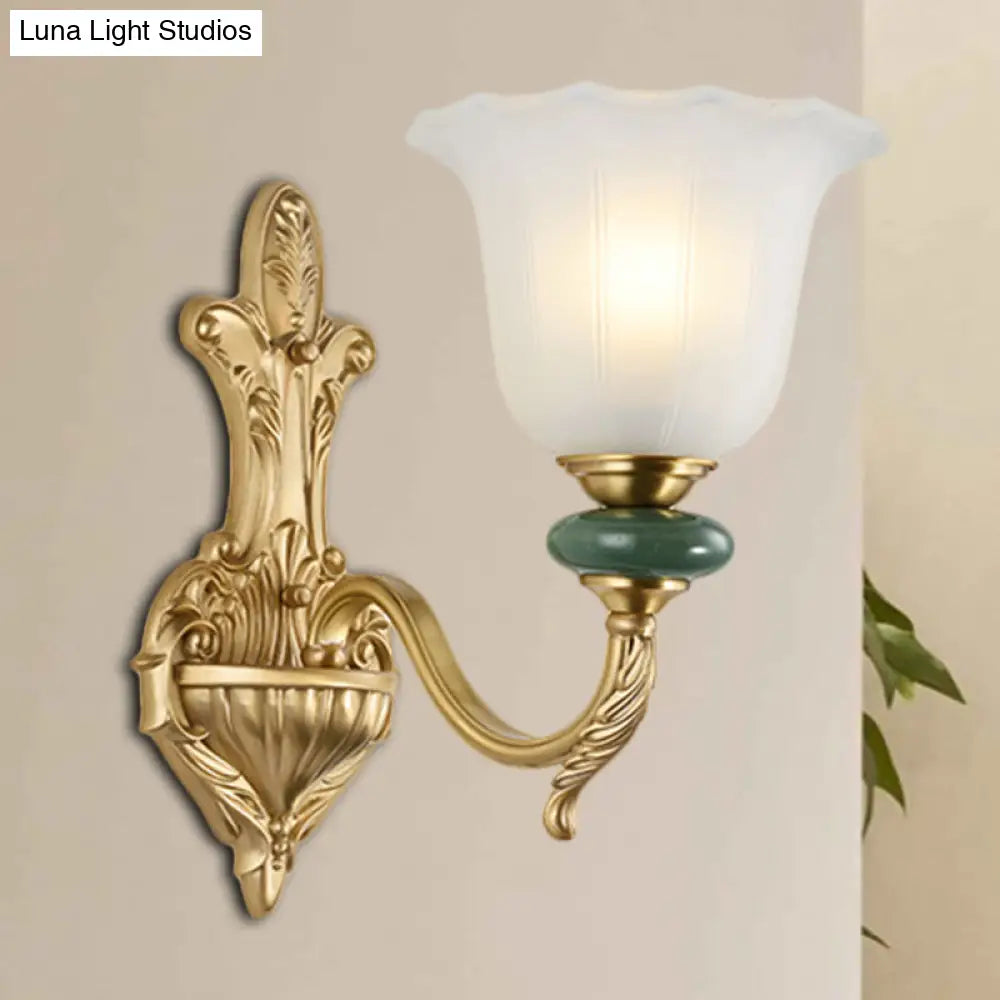 Golden Curved Arm Vintage-Style 1/2-Head Bell Wall Light Sconce With Opal Glass Perfect Bedside