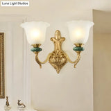 Golden Curved Arm Vintage-Style 1/2-Head Bell Wall Light Sconce With Opal Glass Perfect Bedside