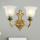 Golden Curved Arm Vintage-Style 1/2-Head Bell Wall Light Sconce With Opal Glass Perfect Bedside