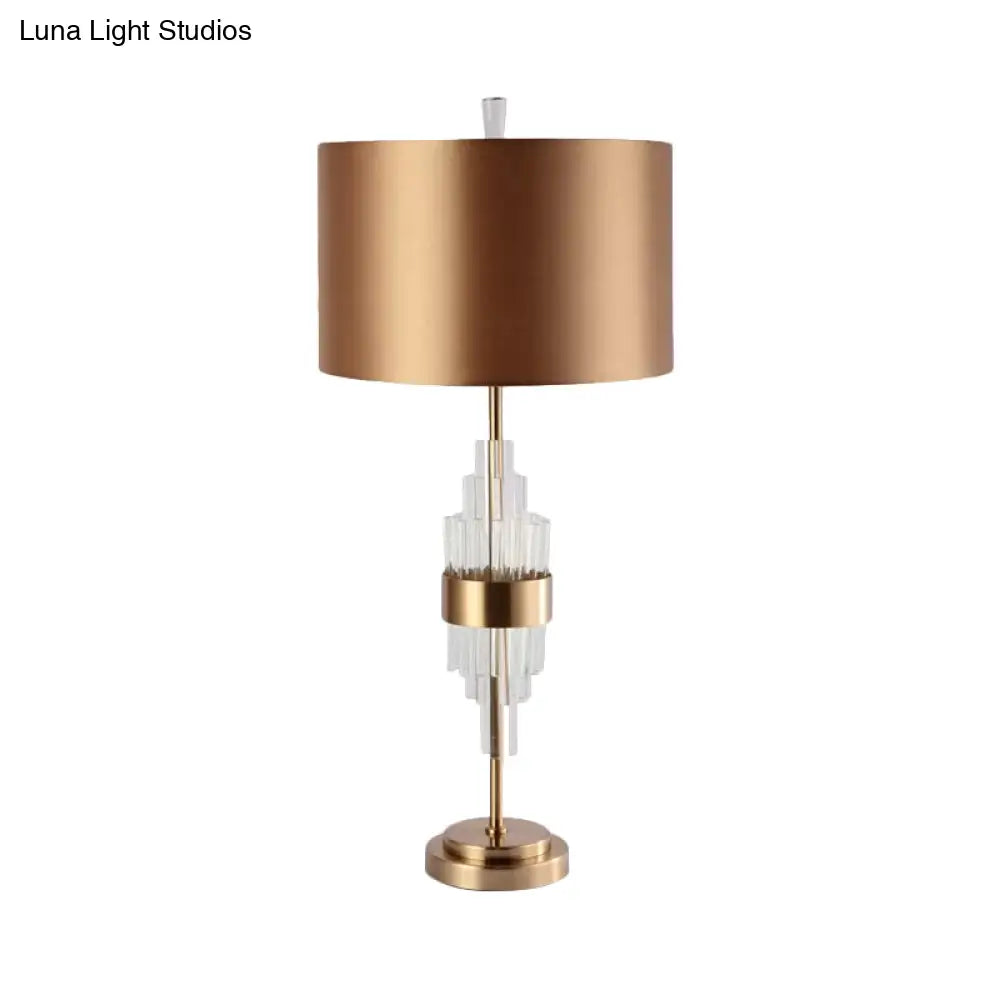 Golden Fabric Desk Lamp With Crystal Bar - Modern Straight Sided Shade Table Light