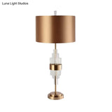 Golden Fabric Desk Lamp With Crystal Bar - Modern Straight Sided Shade Table Light