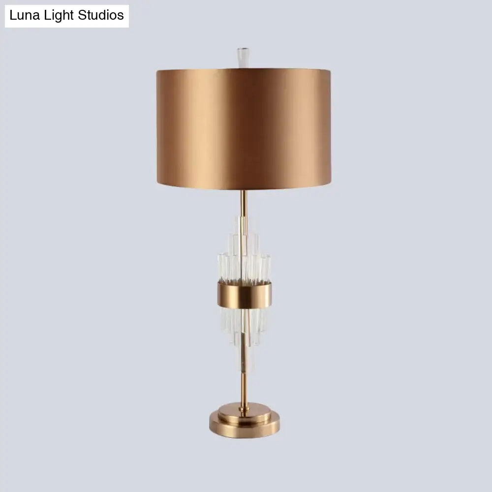 Golden Fabric Desk Lamp With Crystal Bar - Modern Straight Sided Shade Table Light