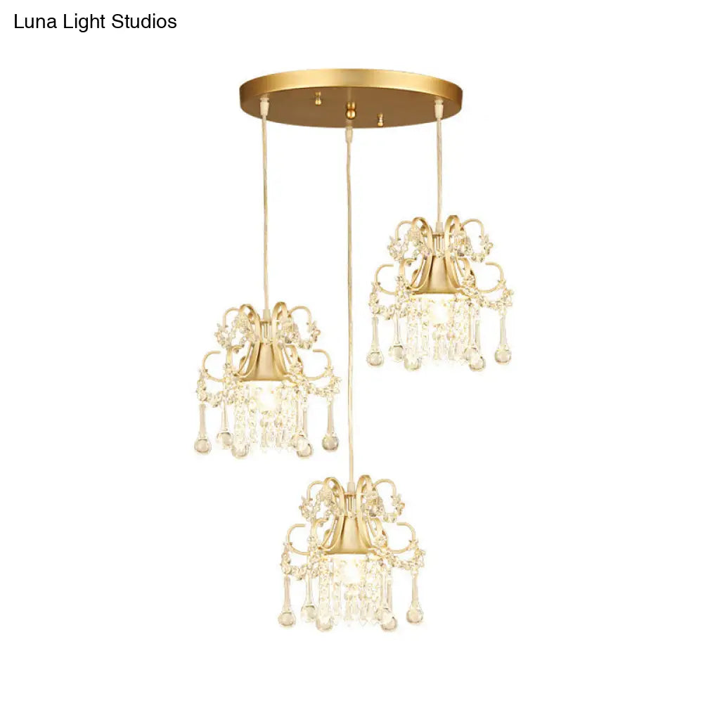 Golden Flared Semi Flush Mount Traditional 3 - Light Dining Room Ceiling Fixture With Crystal