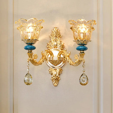 Golden Floral Crystal Wall Lamp Kit - 2-Layer 1/2-Bulb Option For Bedside Mounting 2 / Gold