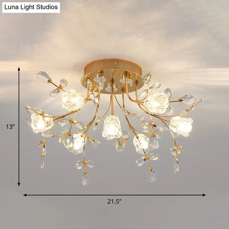 Golden Hand-Cut Crystal Semi Flush Mount Ceiling Fixture With 7 Lights For Sitting Room