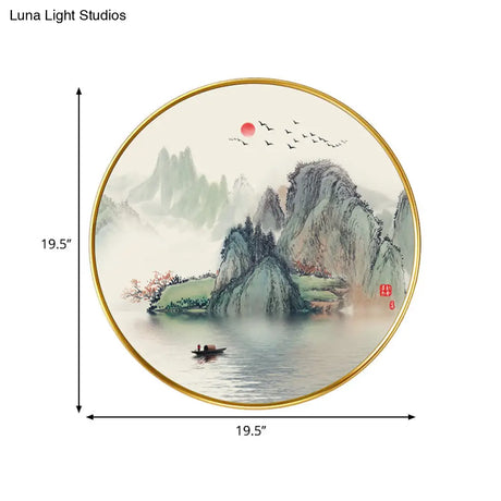 Golden Lake And Mountain Led Wall Lamp: Asian Acrylic Mount Light