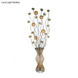 Golden Led Floor Lamp - Stylish Metallic Bamboo Basket Design With Flower Accents For Reading And