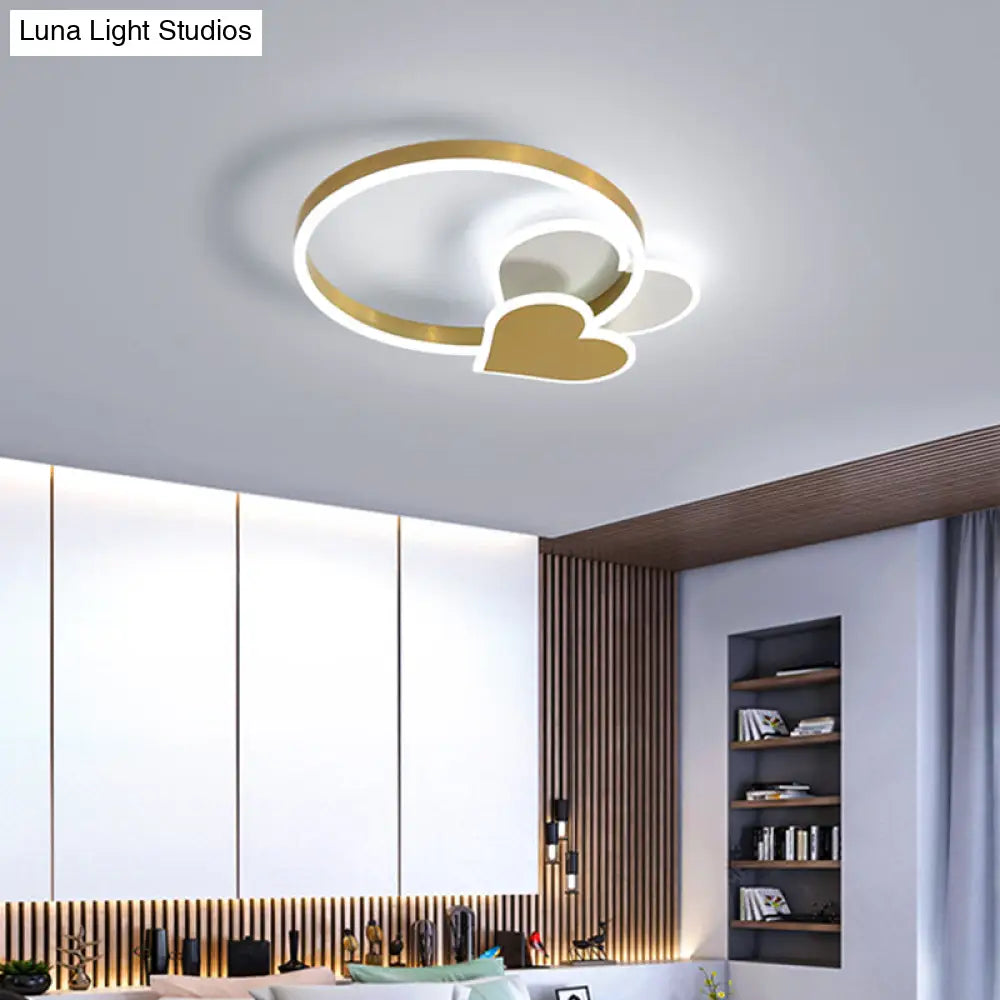 Golden Love Led Flush Mount Ceiling Light For Bedroom - Minimalist Acrylic Design With Metal Ring