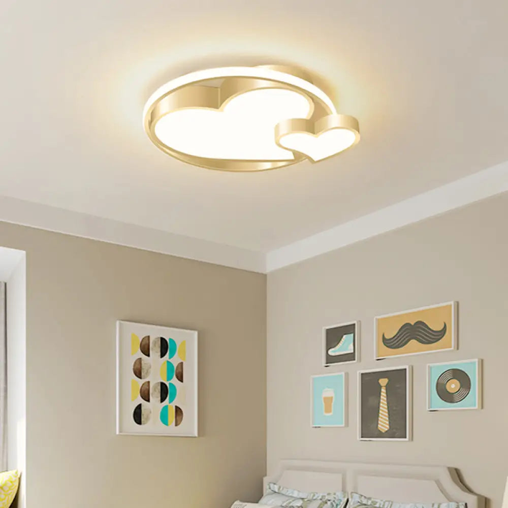 Golden Metal Flush Mount Ceiling Light With Double Heart Design For Modern Bedroom Lighting Gold /